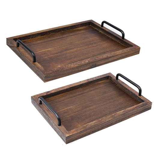 LIBWYS Rustic Wooden Serving Trays with Handle-Set of 2-Decorative Nesting Food Board Platters for Breakfast, Coffee Table/Butler (Large 15.8x11.8x1.2 inches, Small 13.4x9.4 x1.2 inches)