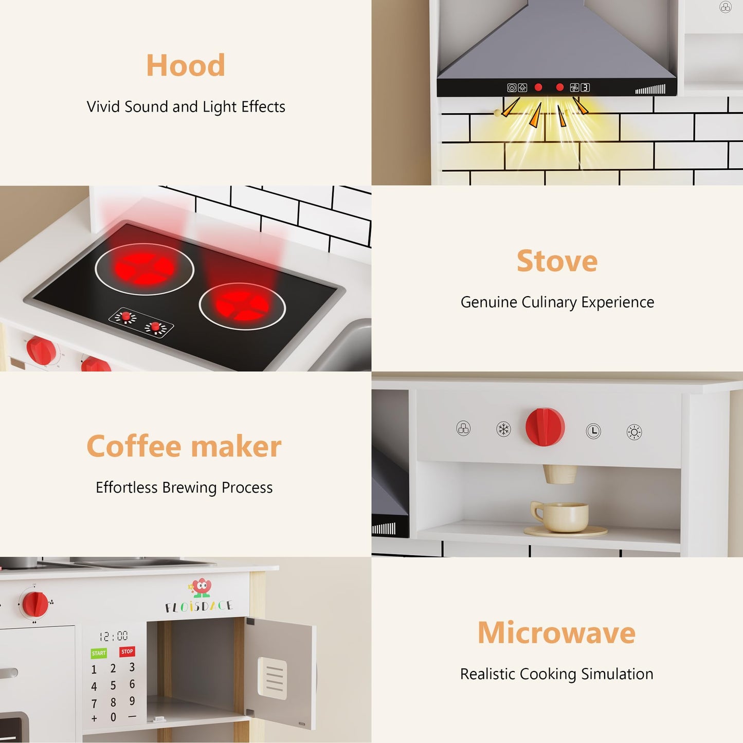 Wooden Play Kitchen for Kids, Interactive Kitchen Playset with Microwave, Range Hood Lights & Sounds, Stove, Sink, and Accessories, Realistic Toy Kitchen, for Boys & Girls