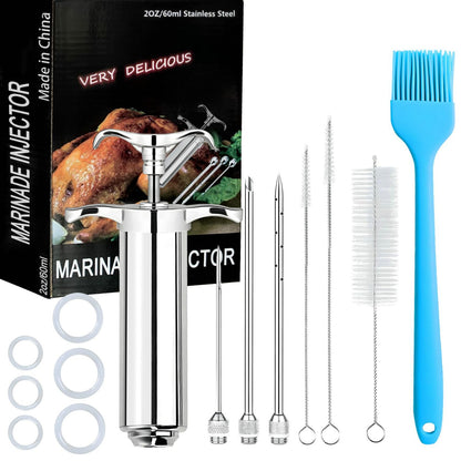 PEOUWNES 304-Stainless Steel Meat Injector Syringe Kit with 3 Marinade Needles for BBQ Grill Smoker, Turkey, Brisket, Beef, Fish, 2-oz Large Capacity, Silicone Brush and Cleaning Brush