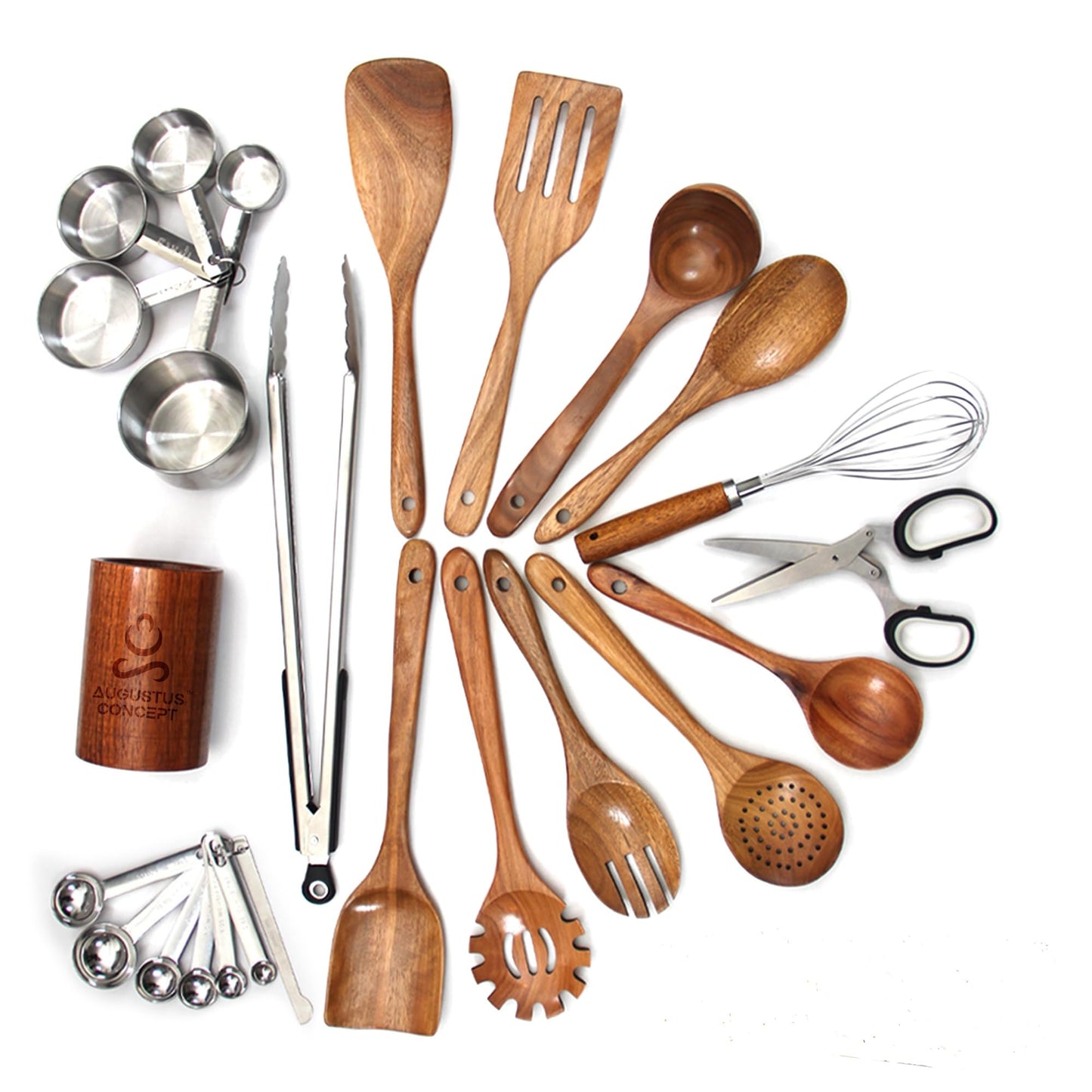 Kitchen Utensils Set - 25 pcs Wood Utensils Set - Nonstick Wooden Spoons for Cooking - Wooden Kitchen Utensils set with Measuring Cups and Spoons Set - Kitchen Shears - Apartment Essentials
