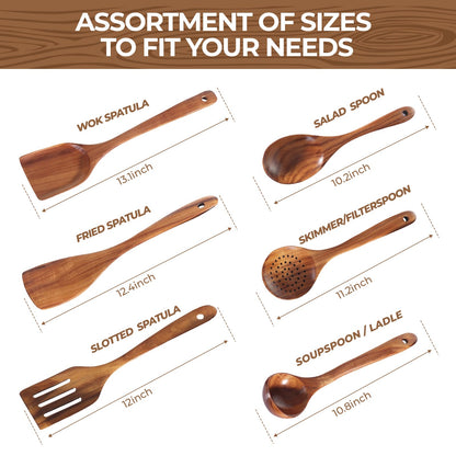 AIUHI Nonstick Natural Wooden Kitchen Utensils Set, Smooth Finish Teak Wood Spoons for Cooking, Comfortable Grip Spatula for Elaborate Cooking 6Pcs
