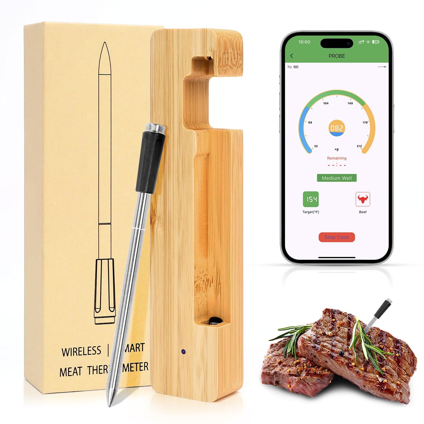 QuliMetal Smart Bluetooth Wireless Meat Thermometer Digital | BBQ, Grill, Oven, Smoker, Air Fryer, Kitchen | Perfect for Steak, Chicken, Turkey, and More | Delicous Recipes in App