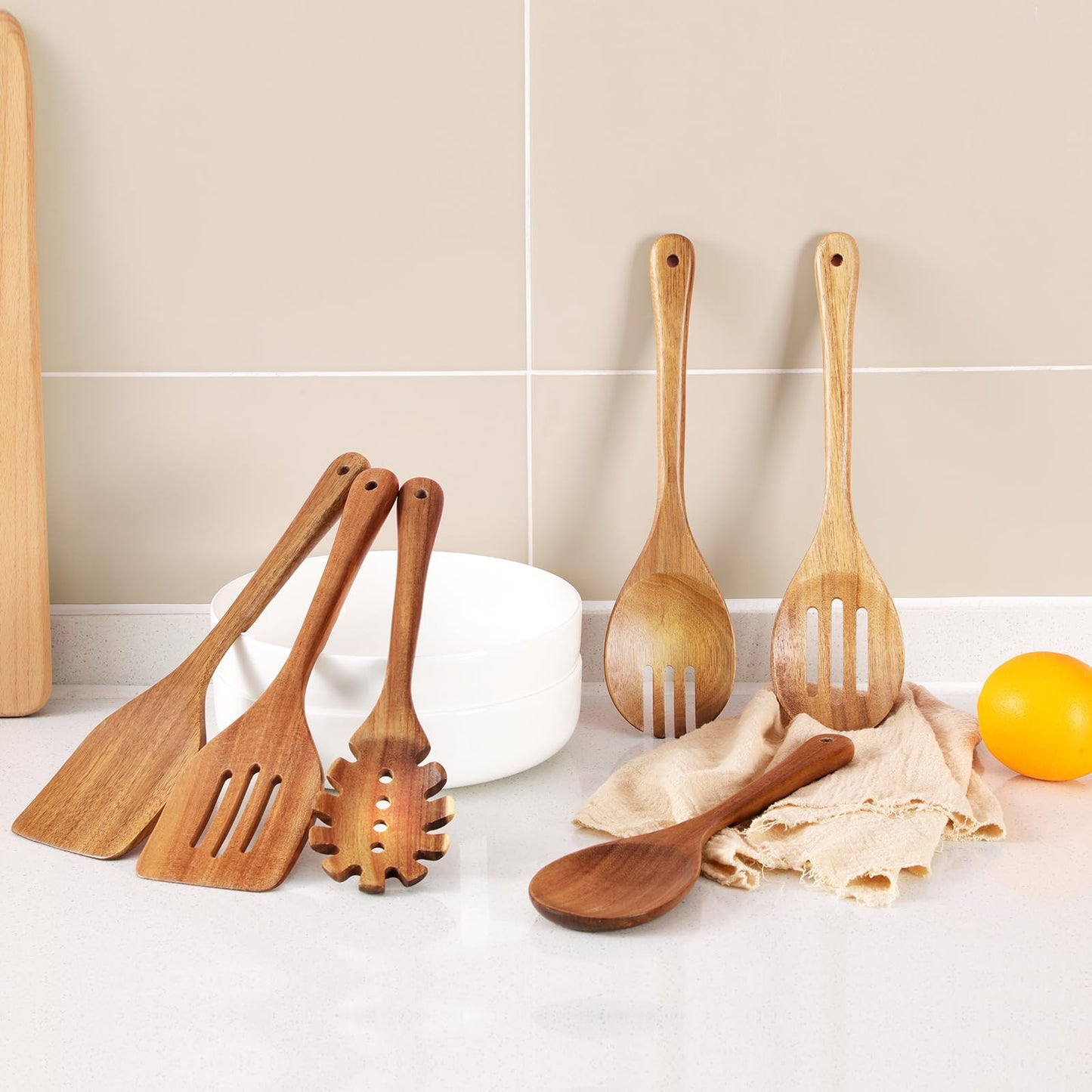 ROSOS Wooden Cooking Utensils, 6 Pieces Natural Acacia Wooden Spoons For Cooking with Non Stick & Heat Resistant Design, Wooden Kitchen Utensil Set with Hanging Hole for Stirring, Mixing, Cooking