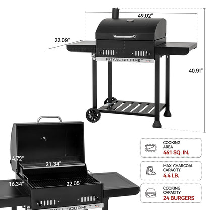 Grills House 24-Inch Charcoal Grill with Foldable Side Tables, Movable BBQ Grill with 470 Sq. In. Cooking Area for Backyard, Patio and Parties, Black, CD1824EH-SC