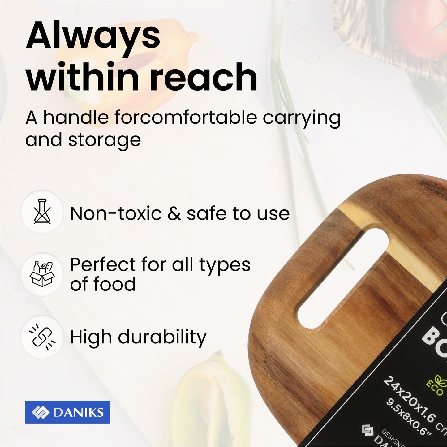 Daniks 100% Natural Acacia Wood Cutting Board 9,5х8” – Extra Thick, Heavy Duty Wooden Chopping Board for Kitchen & Serving – Perfect for Fruits, Vegetables, Meat, and Bread – BPA Free, Eco-Friendly