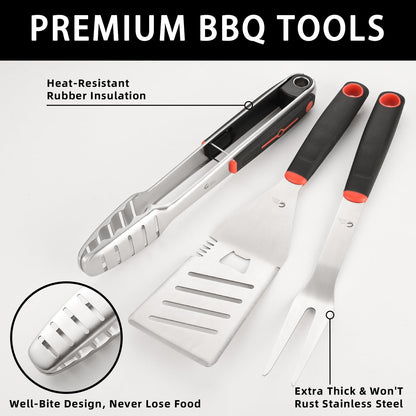 BBQ Tools Set, Heavy Duty Stainless Steel Spatula, Fork & Tongs with Portable Bag, Essential Accessories for Barbecue Outdoor Grill, Grilling Gifts for Men Dad Camp Chef