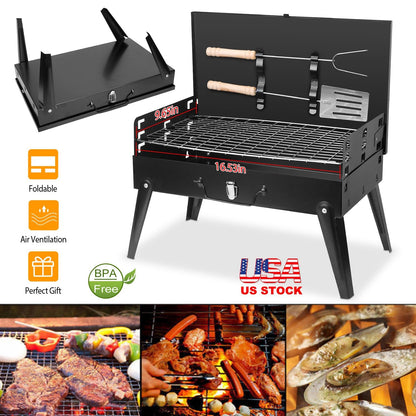 TeqHome Portable Charcoal Grill, Small BBQ Grill Outdoor Folding Barbecue Grill with Barbecue Accessories & Lid, Foldable Camping Grill for Outdoor Cooking Camp Picnic Hiking Beach Patio Smokers