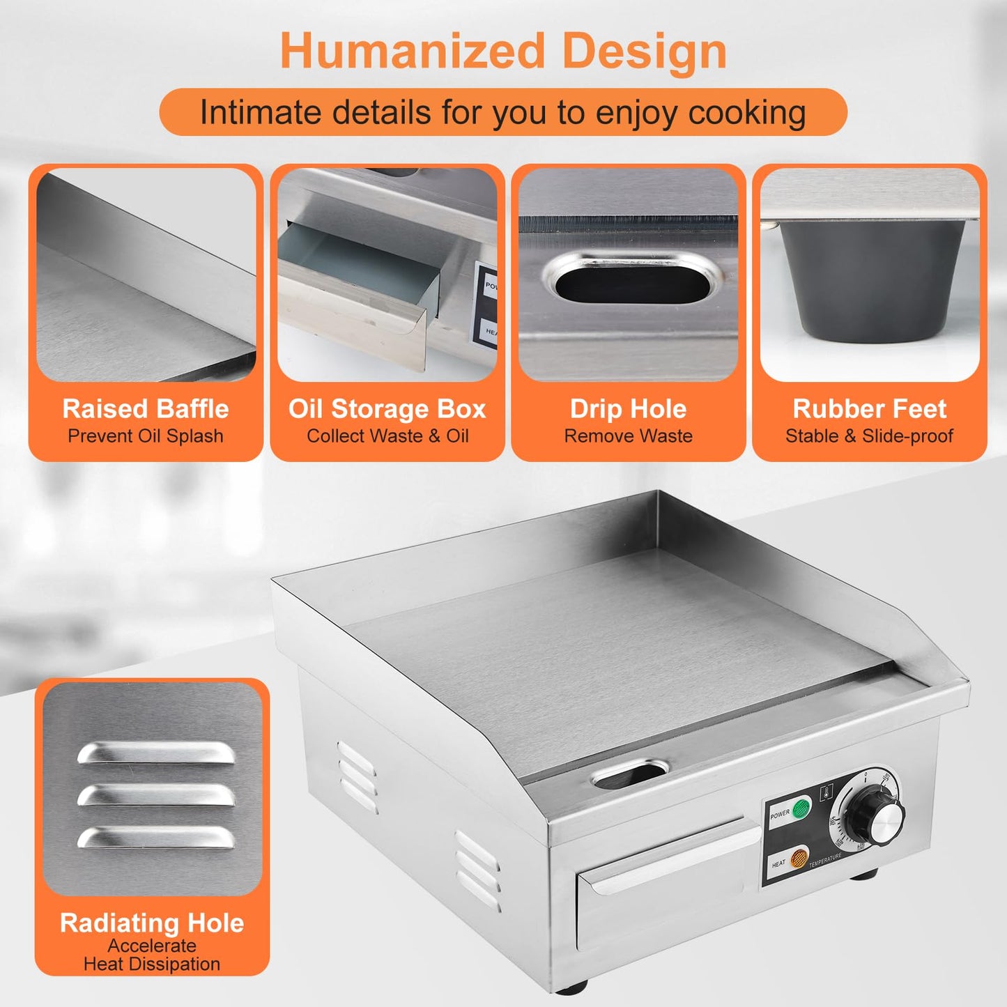 Commercial Electric Griddle, 14" Electric Countertop Flat Top Griddle,1600W 110V Non-Stick Electric Flat Top Grill Stainless Steel Teppanyaki Grill,122℉-572℉ Adjustable Temperature for Restaurant Home