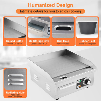 Commercial Electric Griddle, 14" Electric Countertop Flat Top Griddle,1600W 110V Non-Stick Electric Flat Top Grill Stainless Steel Teppanyaki Grill,122℉-572℉ Adjustable Temperature for Restaurant Home