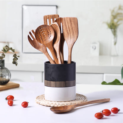 Gudamaye 13 inch Long Wooden Utensils for Cooking, Long Handle Wooden Spoons for Cooking, 7 PCES Crafting Wooden Spoon Set, Wooden Kitchen Utensil set, Natural Teak Wooden utensil Set