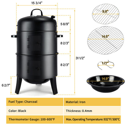 TCFUNDY 32" Vertical Charcoal Smoker Grill, Heavy-Duty BBQ Grill with Built-in Thermometer, 3 in 1 Grill and Smoker, Portable Meat Cooker with Air Vent for Outdoor Barbecue Cooking