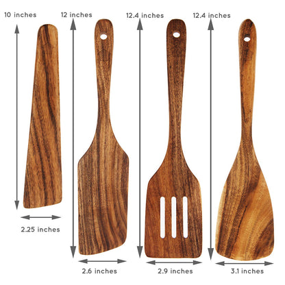 Wooden Spatula for Cooking, Teak Spatulas for Kitchen Use - Wooden Cooking Utensils Set of 4 including Paddle, Turner, Slotted Spurtle and Wood Scraper. Nonstick cookware.