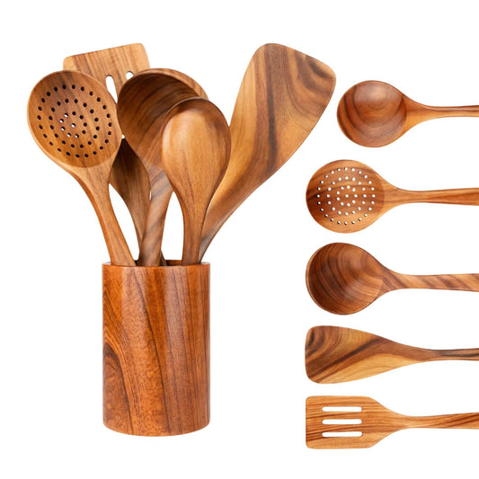 6 Piece Wooden Cooking Spoons for Cooking, Kitchen Utensils Set, Wooden utensil storage wooden barrel, Natural Teak Wood Cooking Spatulas with Utensils Holder, for Nonstick Cookware