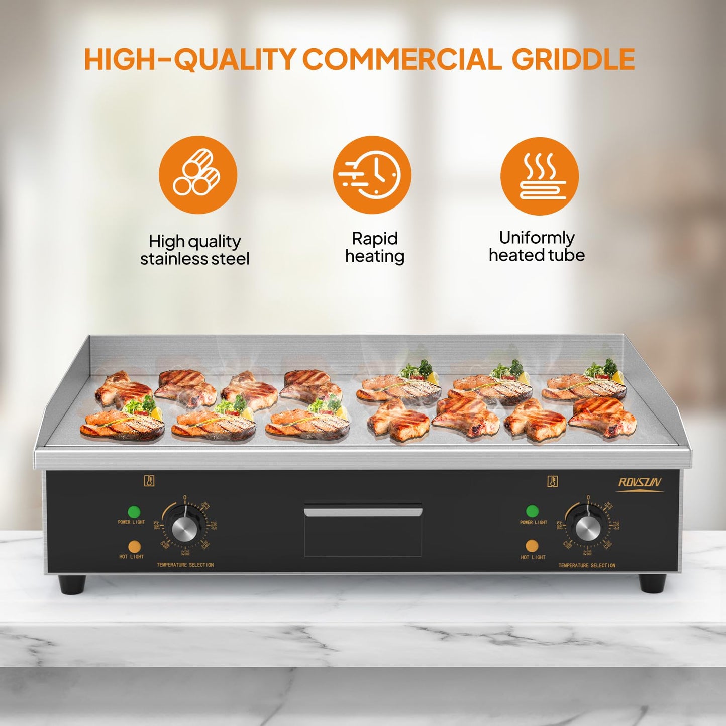 ROVSUN 30" Electric Countertop Flat Top Griddle, 3000W Electric Griddle, Teppanyaki Grill Stainless Steel with Adjustable Temperature Control 122°F-572°F for Home Restaurant Commercial, No Plug