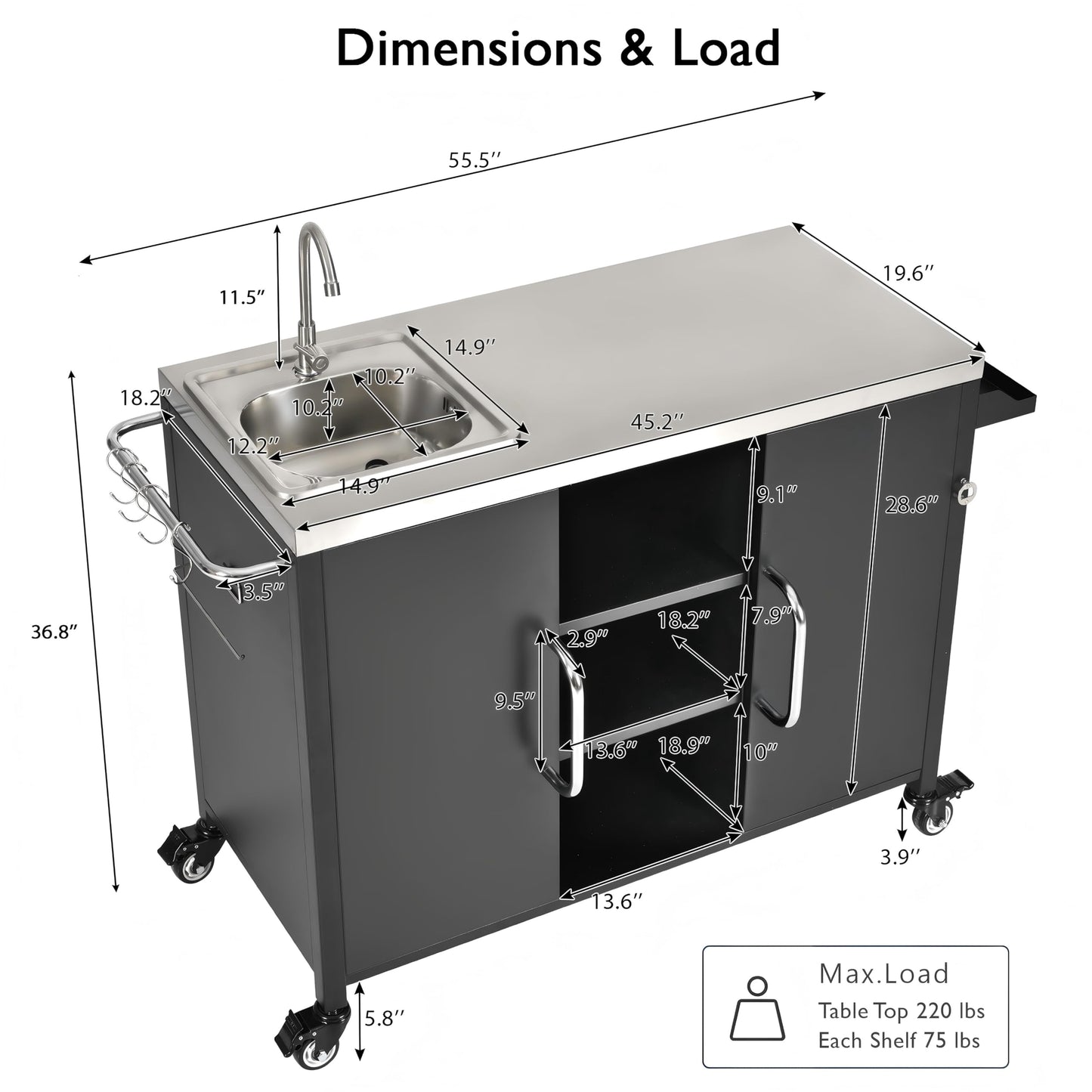 55.5" Outdoor Kitchen Island with Sink, Metal Grill Cart Table with 304 Stainless Steel Sink, Outdoor Bar Cart Sink Station with 4 Lockable Wheels and Storage Cabinet for BBQ Patio Garden (Black-@mi)