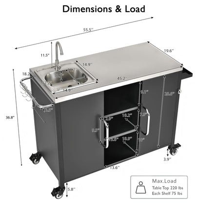 55.5" Outdoor Kitchen Island with Sink, Metal Grill Cart Table with 304 Stainless Steel Sink, Outdoor Bar Cart Sink Station with 4 Lockable Wheels and Storage Cabinet for BBQ Patio Garden (Black-@mi)