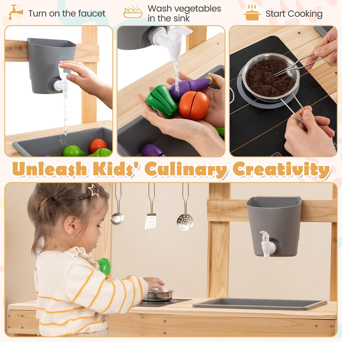 HONEY JOY Mud Kitchen, 3-Piece Modular Wooden Toddlers Play Kitchen/Pizza Counter Playset/Oven Barbecue Grill, Play Food and Accessories, Little Chef Pretend Mud Kitchen for Kids Outdoors, Natural