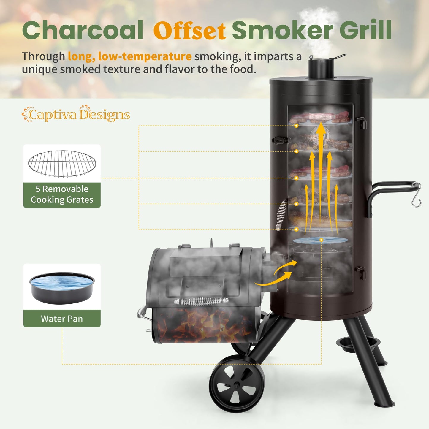 Captiva Designs Charcoal Vertical Smoker Grill and Offset Smoker Grill Combo, Extra Large Outdoor Barrel BBQ Meat Smoker with 5 Removable Smoking Grates & Built-in Hooks for Various Meat Foods
