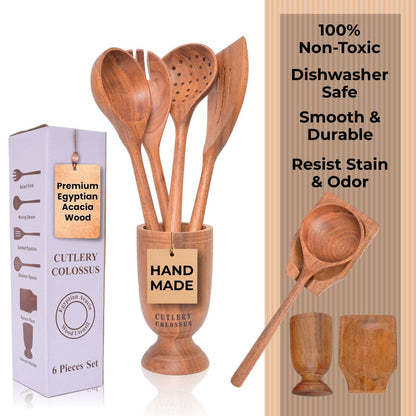 6-Pieces Wooden Spoons for Cooking with Free Holder Premium Acacia Wood Utensils Set Strong Smooth & Safe Kitchen Wooden Utensil Set Nonstick Wood Cooking Utensils Set (6-Pieces Wooden Spoons)