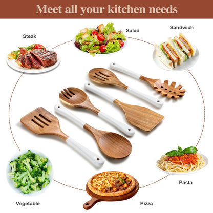 ROSOS Wooden Spoons For Cooking, 6 Pieces Natural Acacia Wooden Cooking Utensils or Non-Stick Wood Kitchen Utensil Set for Kitchen Essentials, Wooden Cooking Utensils Set with Hanging Hole, White