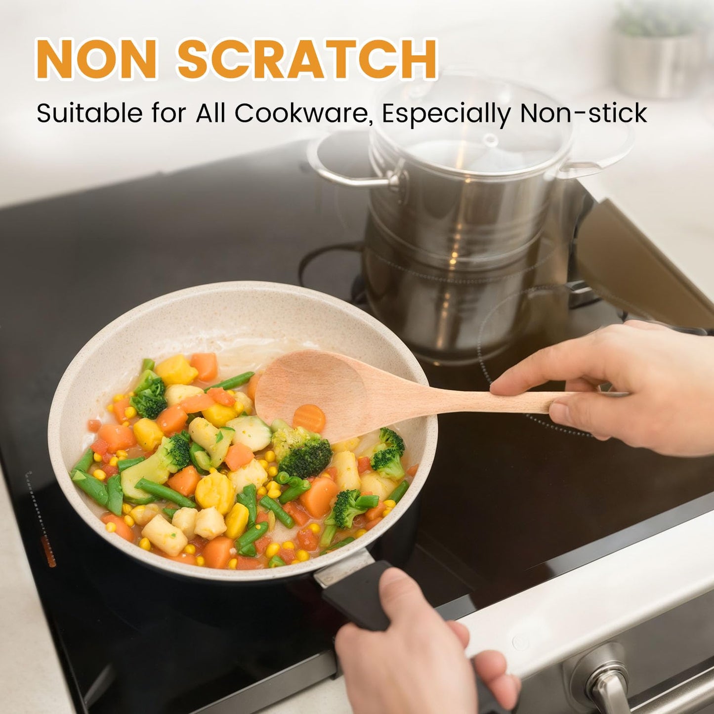 HANSGO Wooden Spoons for Cooking, 12 Inch Long Handle Wooden Cooking Mixing Oval Spoons to Baking, Stir Meals, 3PCS