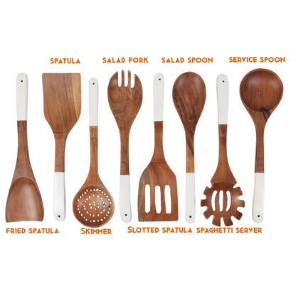 Lavaux Designs Wooden utensils for cooking set of 8, Natural Acacia Wood spoons and spatula set, Non-stick, Durable, Eco- friendly and safe kitchen cooking spoon | white handles | 12 inch each