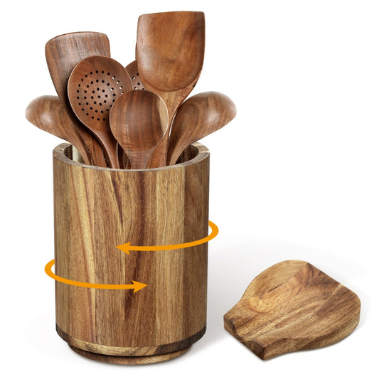 360°Rotating Wood Utensil Holder with Wood Spoon Rest for Kitchen Countertop, 7.6"x5.7" Large Acacia Cooking Utensil Holder, Spoon Holder For Stove, Kitchen Utensil Organizer for Countertops, Office