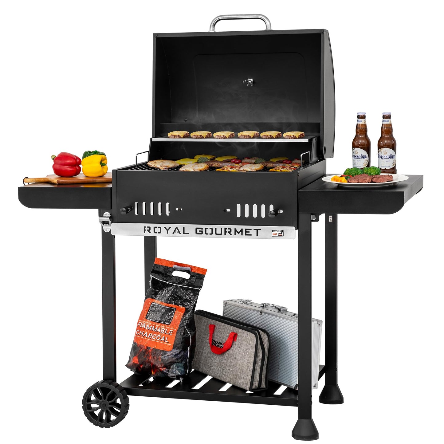 Grills House 24-Inch Charcoal Grill with Foldable Side Tables, Movable BBQ Grill with 470 Sq. In. Cooking Area for Backyard, Patio and Parties, Black, CD1824EH-SC