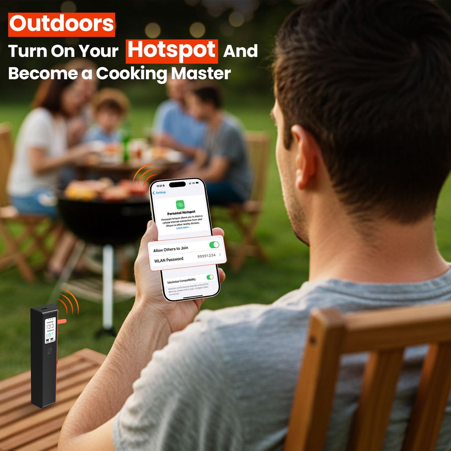 UNERVER Wireless Meat Thermometer with WiFi - Smart LED Digital Control Base, 6 Sensors Bluetooth Probe with ±0.5°F Instant Read Accuracy, App Controlled, Unlimited Range for BBQ,Smoker,Grill,Oven