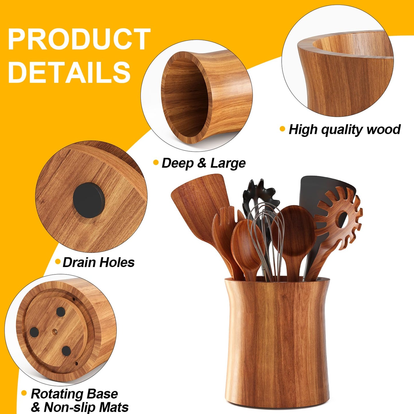 WBKATN Acacia Wood Utensil Holder for Kitchen Counter, 360° Rotating Wooden Large Cooking Utensils Holder for Countertop, Farmhouse Spoon Crock, Spatula Storage Organizer, Rustic Kitchen Decor