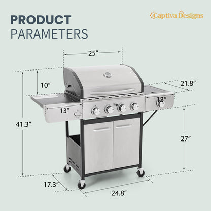 Captiva Designs 4-Burner Propane Gas BBQ Grill with Side Burner & Porcelain-Enameled Cast Iron Grates, 42,000 BTU Output Stainless Steel Grill for Outdoor Cooking Kitchen and Patio Backyard Barbecue