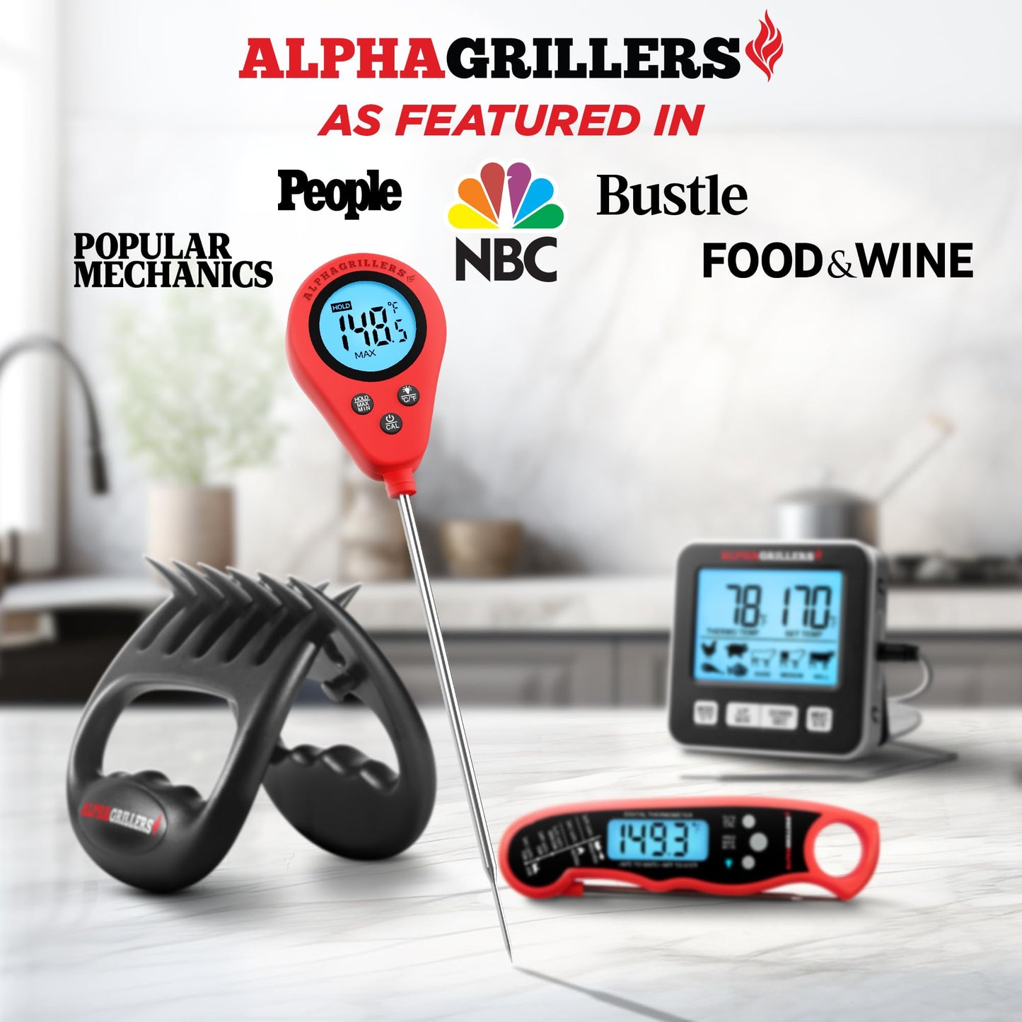 Alpha Grillers Instant Read Meat Thermometer Digital Food Thermometer for Cooking Grilling Bread Baking Liquids and Air Fryer with Temperature Guide, Long Probe and Large Backlit Display