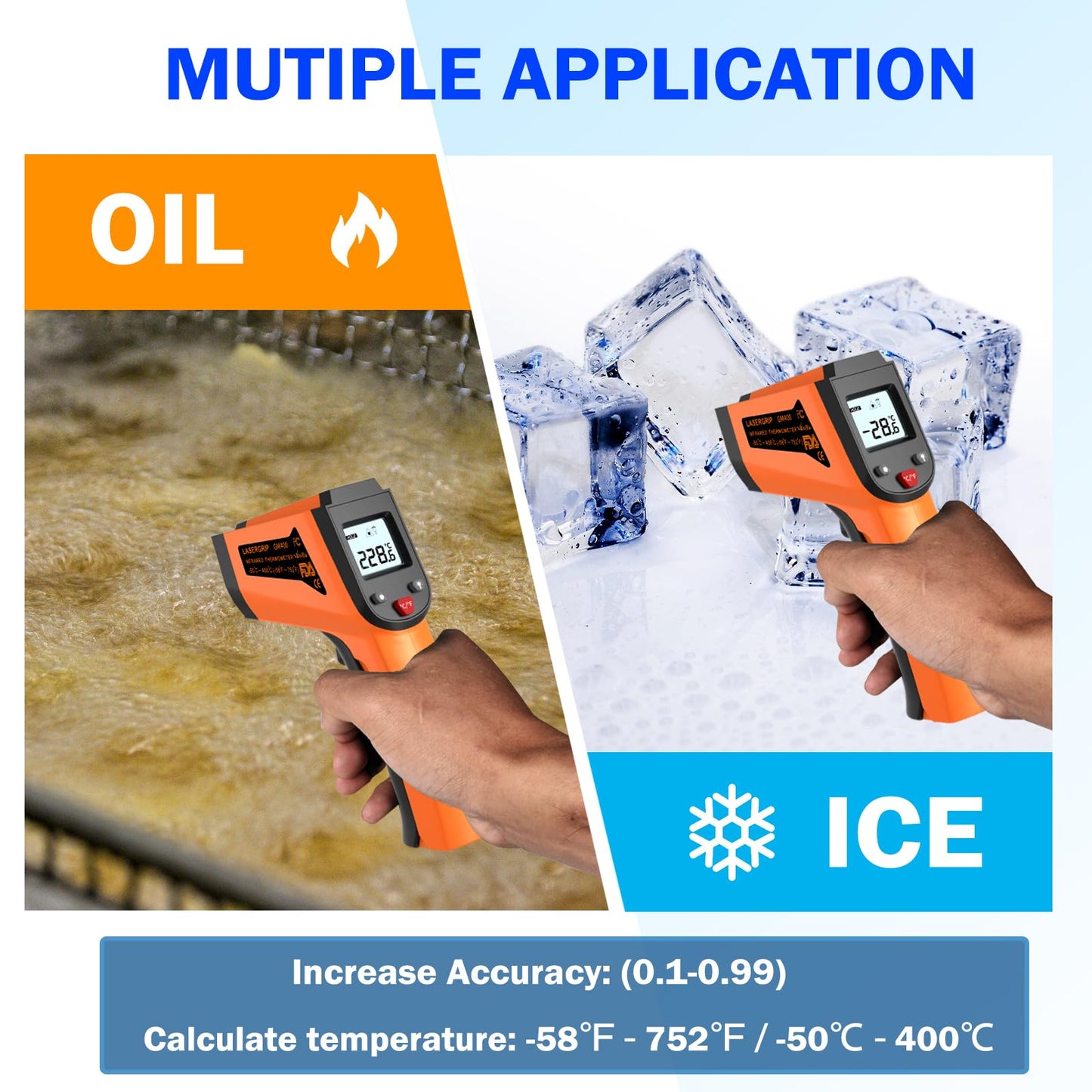 Digital Infrared Thermometer Gun Non-Contact Grip Infrared Laser Thermometer Temperature Gun -58℉~ 752℉ for Instant Read Meat Digital Kitchen Thermometer for Cooking Oil Deep Fry BBQ