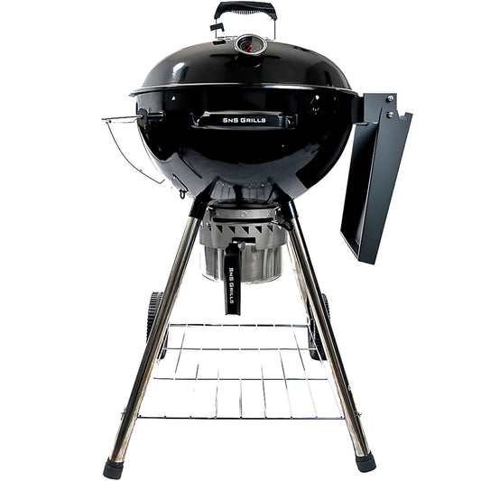 SnS Grills Original Kettle Charcoal Grill with Patented Slow 'N Sear Deluxe Insert and EasySpin Grate for Two-Zone Cooking, Low ‘N Slow Smoking and BBQing - Black 22-Inch