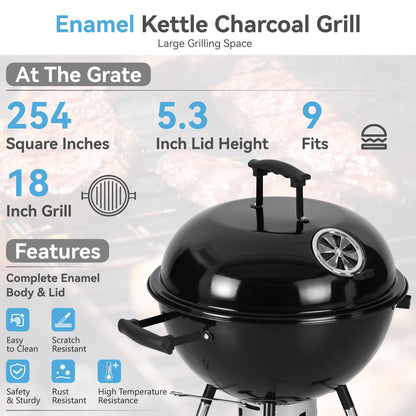 GREEN PARTY 18 inch Kettle Charcoal BBQ Grill with Wheels, Portable Charcoal Grill with Porcelain-Enameled Lid & Ash Catcher for Outdoor Cooking Barbecue Camping Picnics Tailgating