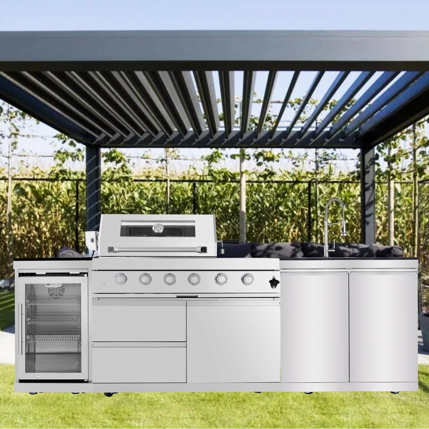 4 Burner Outdoor Kitchen Island with Grill and Side Burner, 72000 BTU Deluxe Stainless Steel Modular Outdoor Kitchen, Gas Propane BBQ Island with Refrigerator, 2 Doors Sink, Rotisserie, 104"W, Silver