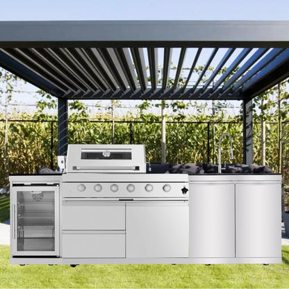 4 Burner Outdoor Kitchen Island with Grill and Side Burner, 72000 BTU Deluxe Stainless Steel Modular Outdoor Kitchen, Gas Propane BBQ Island with Refrigerator, 2 Doors Sink, Rotisserie, 104"W, Silver