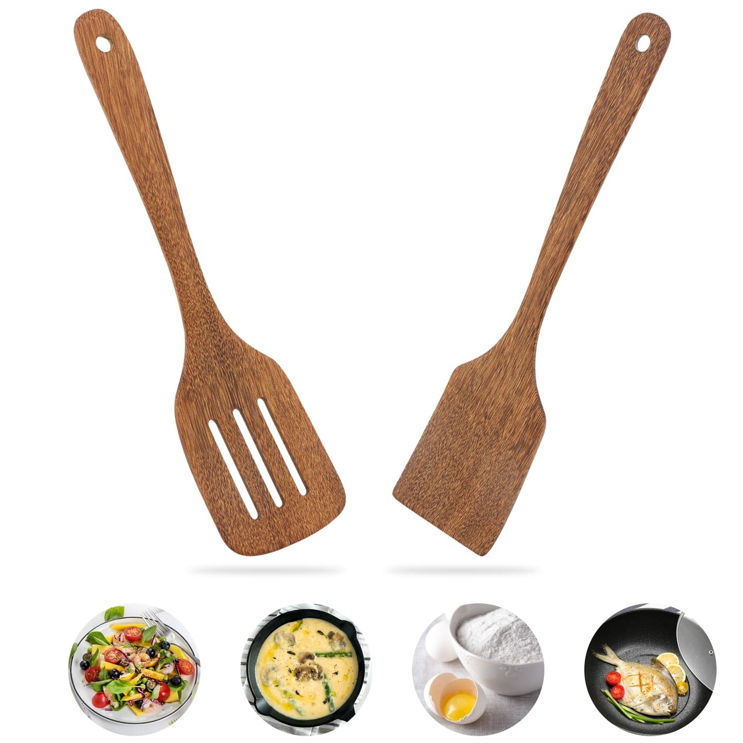 2 Pack Wooden Spatula, Solid Turner & Slotted Spatula Set for Nonstick Pans, Wood Long Handle Flat Frying Turner, Wood Spatulas for Cooking, Frying, Baking