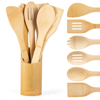 Wooden Spoons for Cooking 7-Piece - Kitchen Wooden Cooking Utensils Set with Holder Bamboo Wooden Spoons Spatula for Cooking Nonstick Bamboo Kitchen Utensil Set (7 Pcs)