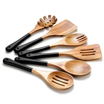 ROSOS Wooden Spoons For Cooking, 6 PCS Natural Acacia Wooden Cooking Utensils or Non-Stick Wooden Kitchen Utensil Set for Kitchen Essentials, Smooth Grip Wooden Cooking Spoons with Hanging Hole, Black