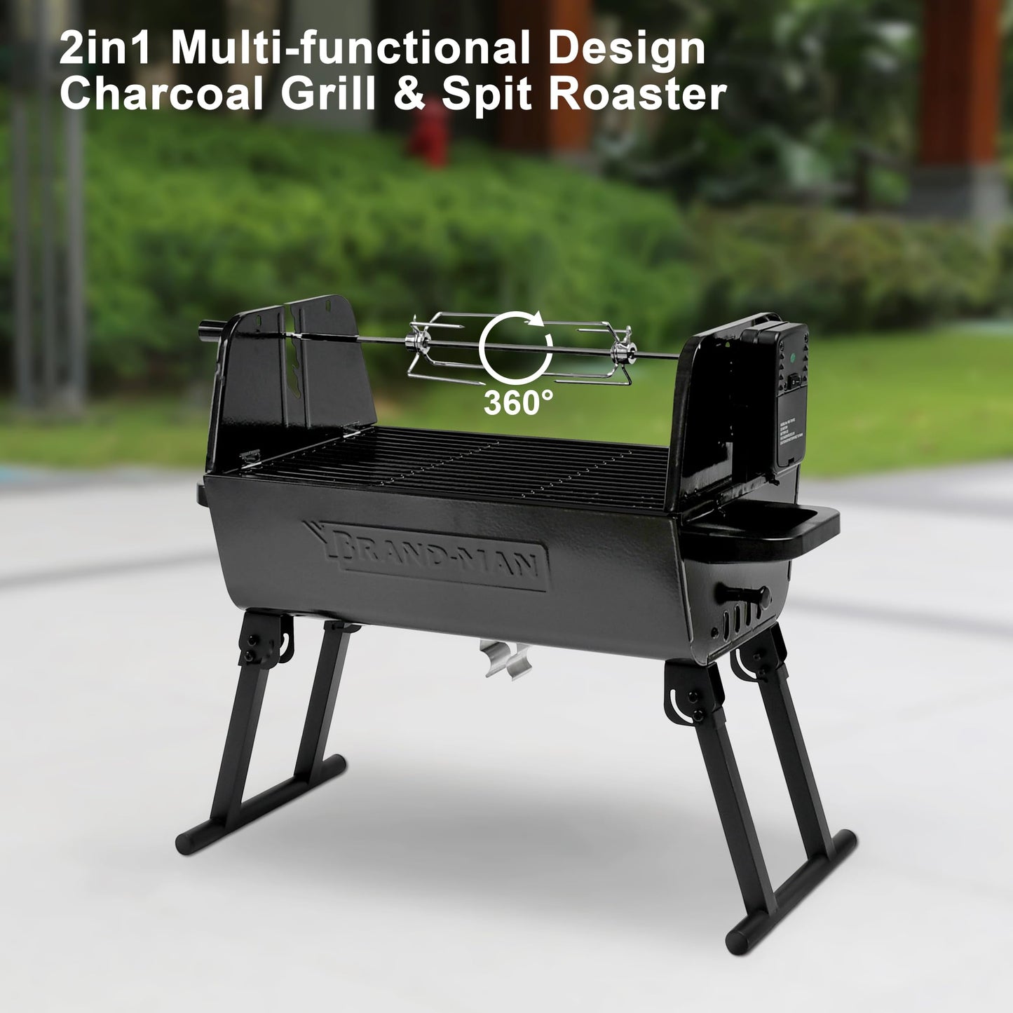 Brand-Man 2-in-1 Charcoal BBQ Grill & Motorized Rotisserie, Outdoor Portable Grill with Spit Roaster for Camping & Tailgating, Foldable, Adjustable Height, Dual Vents