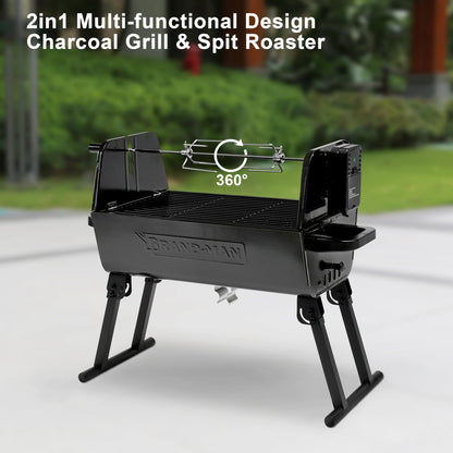 Brand-Man 2-in-1 Charcoal BBQ Grill & Motorized Rotisserie, Outdoor Portable Grill with Spit Roaster for Camping & Tailgating, Foldable, Adjustable Height, Dual Vents