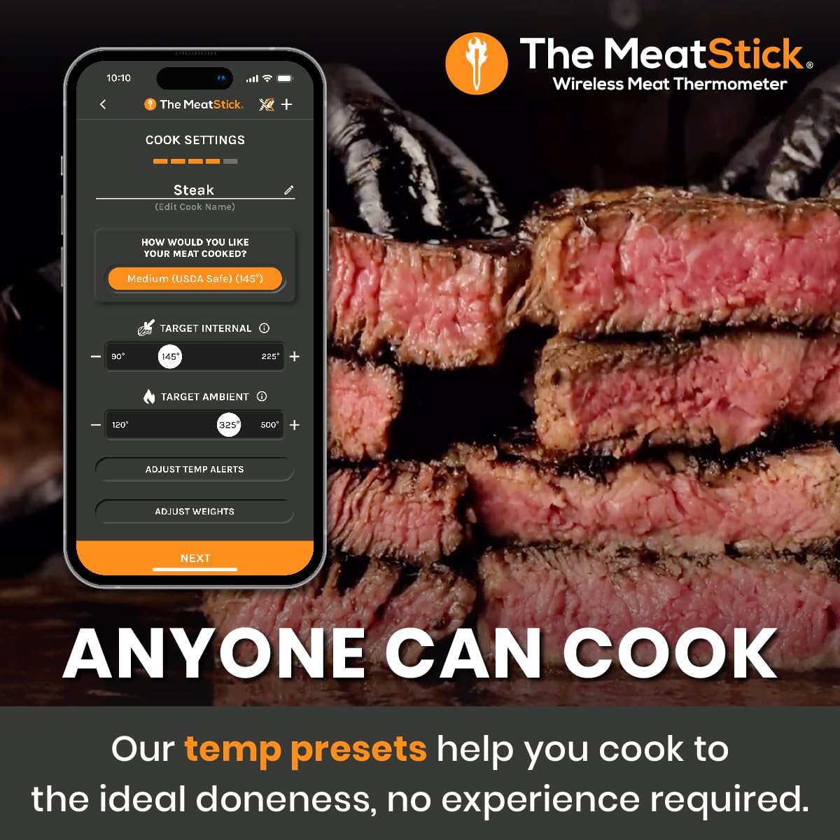 MeatStick - Wireless Meat Thermometer for Grilling and Smoking, Smart Meat Thermometer, Wireless Grill Thermometer, Wireless Meat Probe for Smoker, BBQ, Air Fryer, Deep Frying, Oven, Sous Vide
