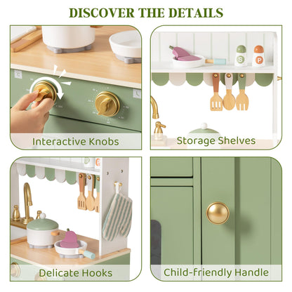 ROBUD Wooden Play Kitchen Set for Kids, Pretend Play Kitchen Toy Set with Golden Faucet, Sink, Oven, Stove, Cabinet, Vintage Style, Gift for Boys & Girls Ages 3+ (Green)