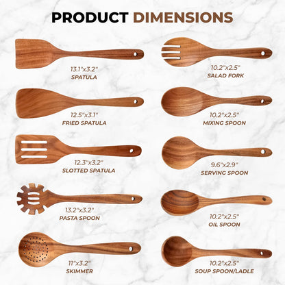 AIUHI Teak Wooden Utensil Set of 10, Wooden Utensils for Cooking, Non Stick Kitchen Spatula Set for Cooking, Serving