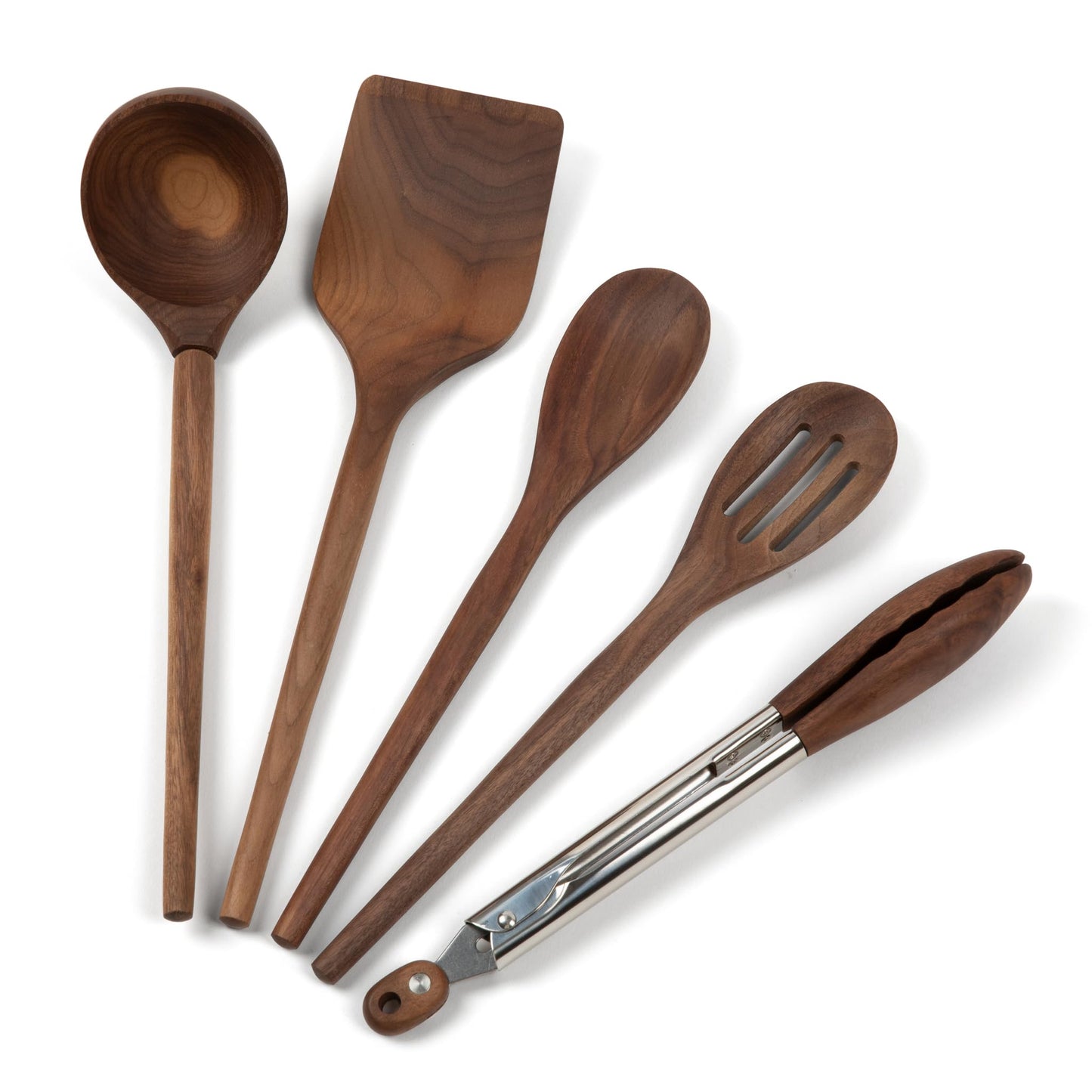 Salt & York 5-piece Walnut Wooden Kitchen Utensil Set - Includes Turner, Tongs, Slotted Spoon, Ladle, and 12" Spoon - Best Wooden Spoons for Cooking - Ideal for Nonstick Cookware