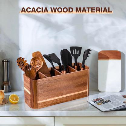 Utensil holder for Kitchen Counter - Large Kitchen Utensil Holder Organizer for Counter or Countertop, Large Wooden Utensil Holder with 4 Compartment（Acacia Wood）