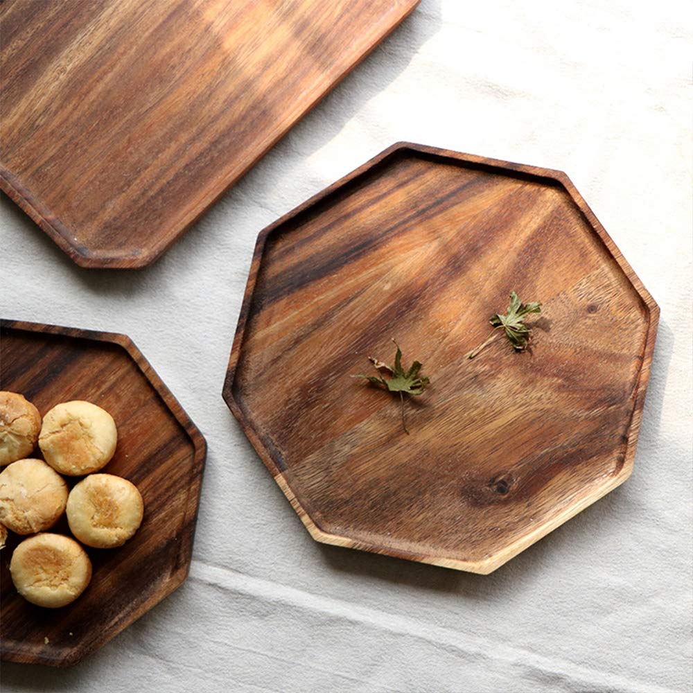 Set of 2 Acacia Wooden Trays Serving Platters Octagon Square Serving Tray Bread Charcuterie Board for Fruit Salad Cheese Platter Vegetable Food Dish Charger Plates Charcuterie Boards