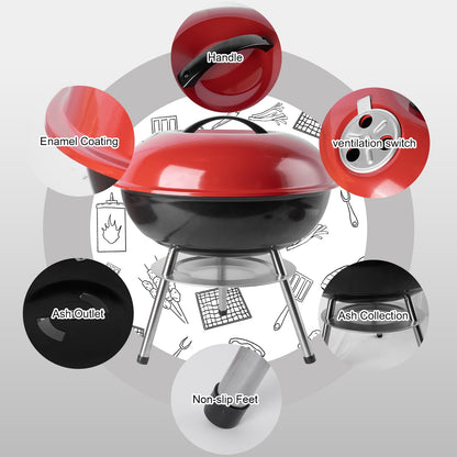 Charcoal Grill: Kettle Grill - 14 "portable outdoor grill with 3-point locking lid and dual ventilation system | perfect for backyard, camping and beach, red (14)