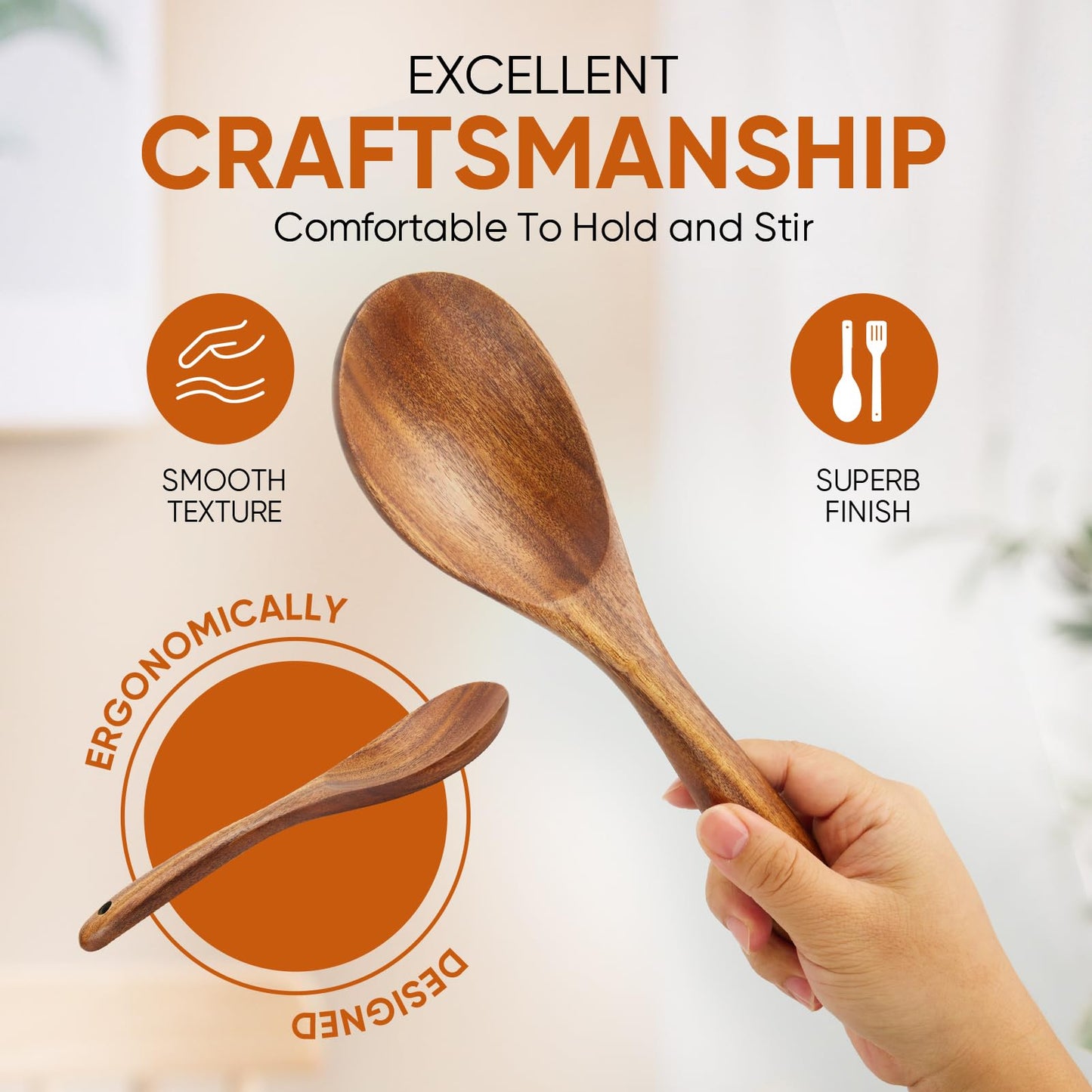EZuncle 6 Piece Wooden Cooking Spoon Set - Ideal For Non-Stick Pans, Heat Resistant Solid Wood, Smooth Teak Cutlery For a Comfortable grip - Lightweight and Durable - Easy to Clean(6 PCS Large)